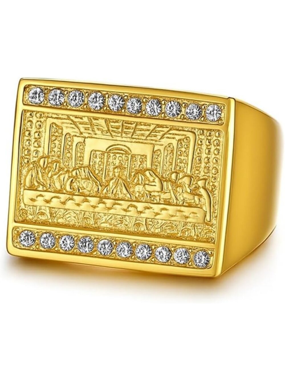 Iced Out Stainless Steel Last Supper Ring | Titanium Gold Signet Jewelry for Men